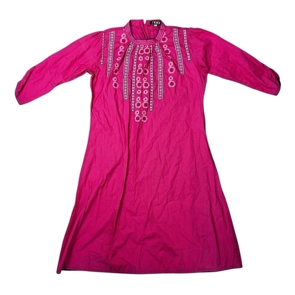 Vintage 70s Pink Embroidered Hippie Boho Dress Floral Knee Length Medium